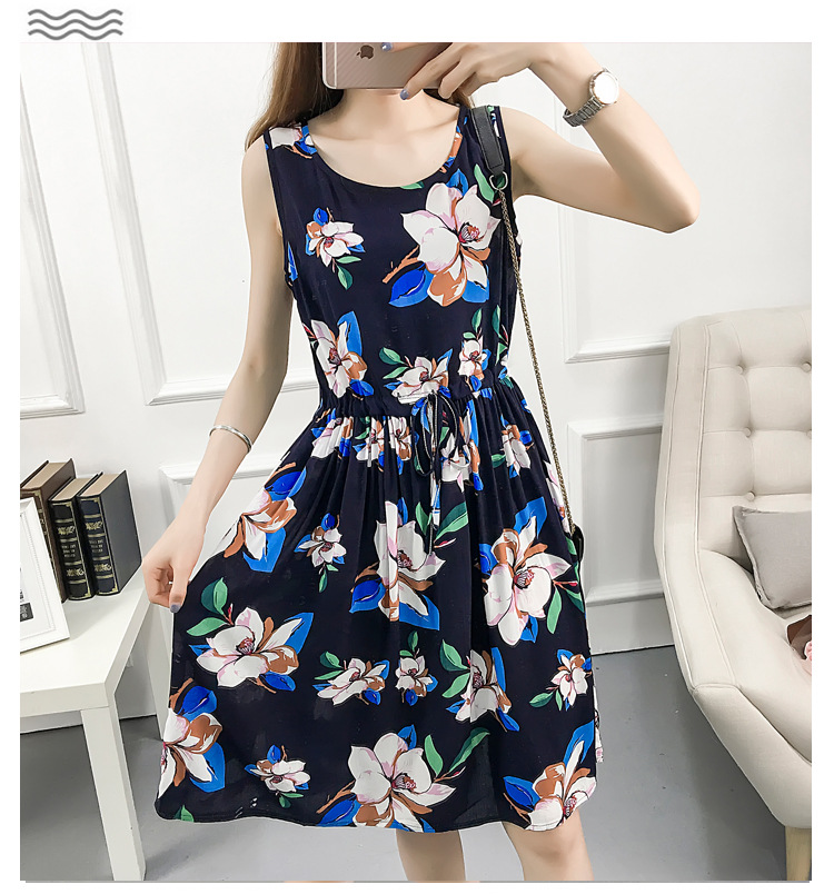 棉绸连衣裙女夏季2020新款修身显瘦中长款无袖人棉印花沙滩背心裙