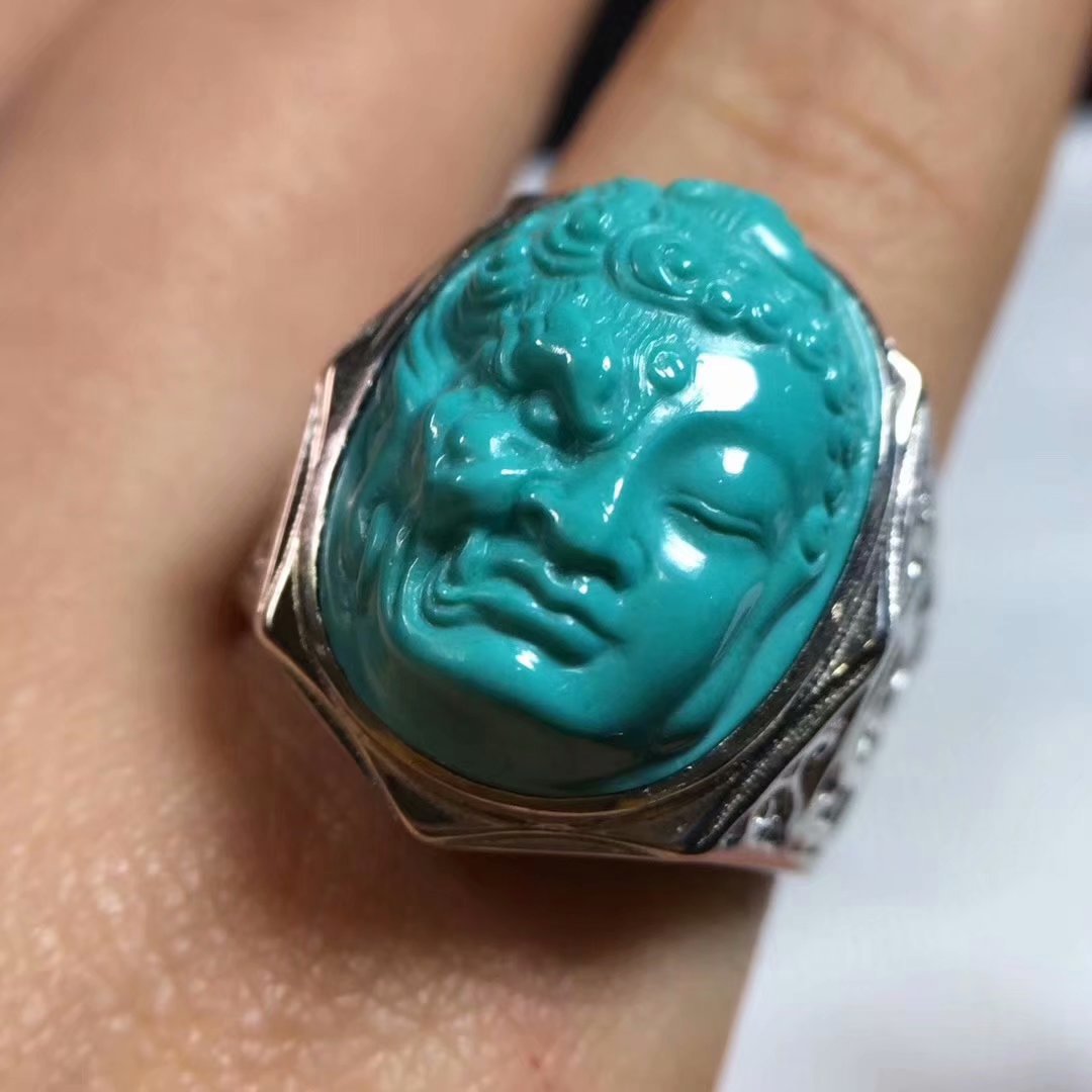 湖北绿松石瓷釉级果冻料精工雕刻一念之间戒面男式戒指925银 男士