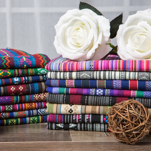 彩色条子布料少数民族风服装饭店装饰桌布亚麻色织面料棉麻沙发布