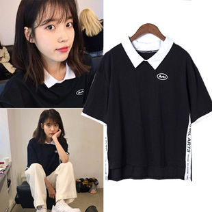 明星iu李智恩同款撞色翻领t恤学院风字母印花纯棉短袖上衣女2018
