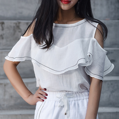 露肩袖t恤女2018夏新超薄透气海归设计师原创显瘦百搭时尚网红店