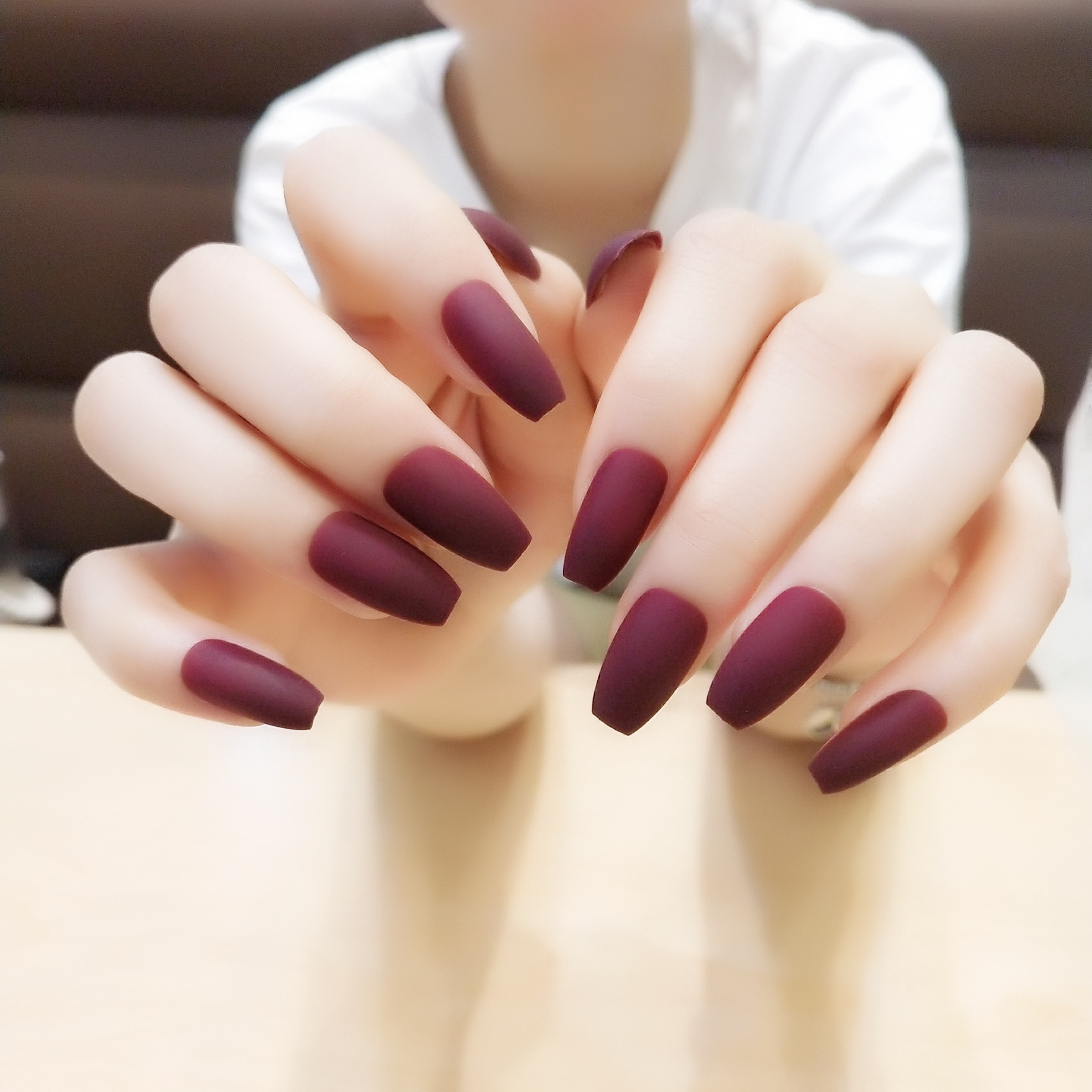 218-磨砂酒红芭蕾甲穿戴美甲成品 欧美范梯形甲长款磨砂酒红气质