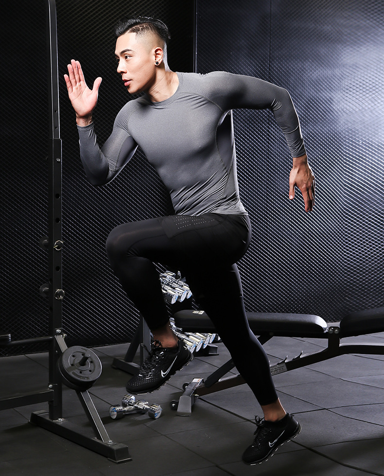 新款运动紧身训练服 健身房弹力男士长袖上衣 健身服加工定制