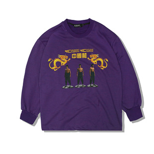 中国风国潮高街宽松t恤 街头潮人宽松李小龙印花男女同款长袖tee