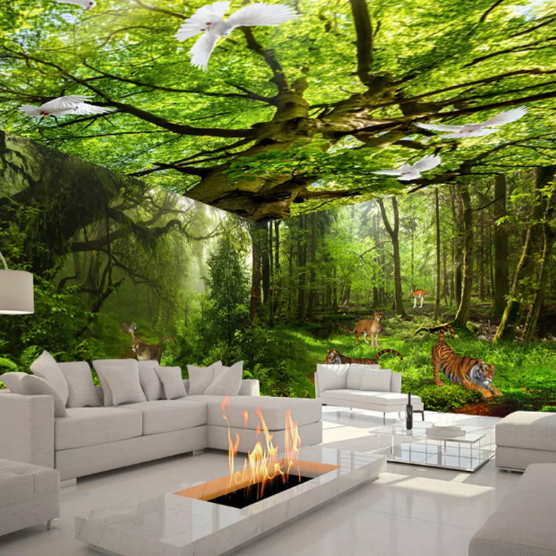 个性绿色原始森林3d立体主题空间卧室客房客厅背景墙纸壁画壁纸