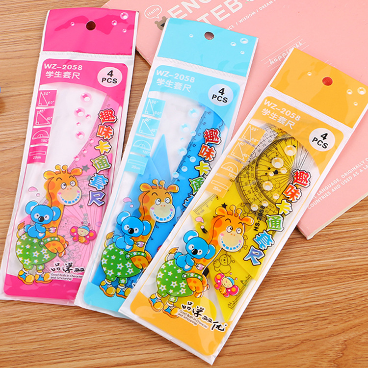 Creative Cartoon Ruler Sets Ruler Learning Stationery Prizes Student Four-Piece Set Giraffe Drawing Ruler Factory Wholesale