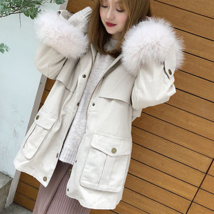 白鸭绒羽绒服女2018新款中长款 韩版狐狸毛领派克服女装 一件代发