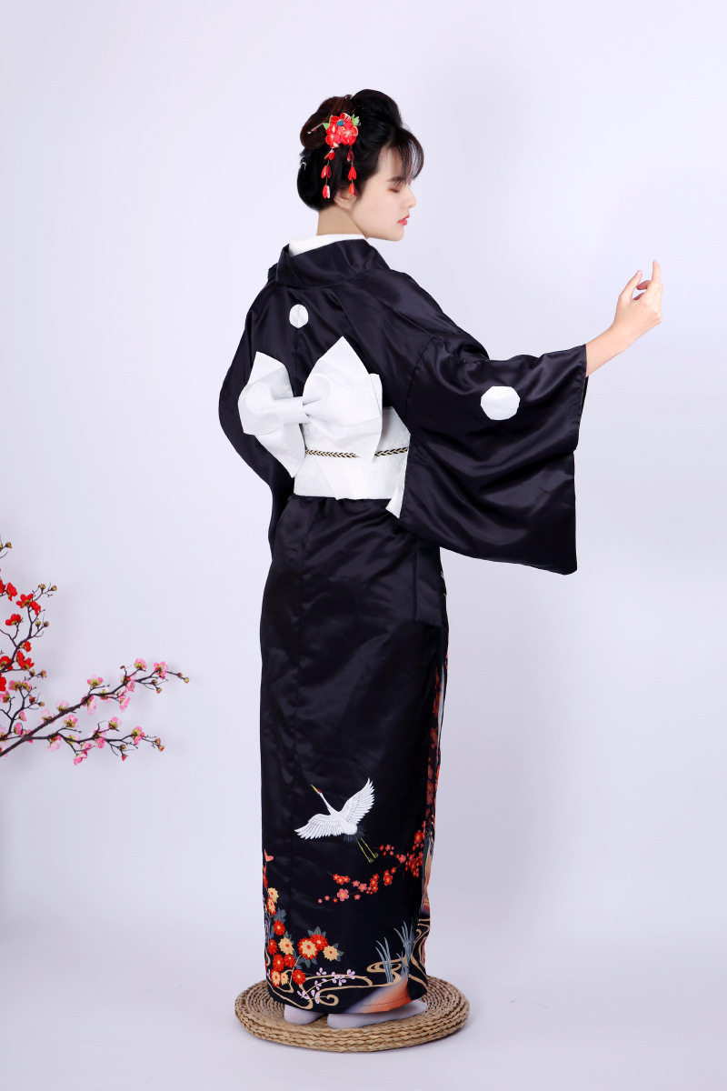 日本和服 女 和服正装黑留袖和服传统定位仙鹤柄和服