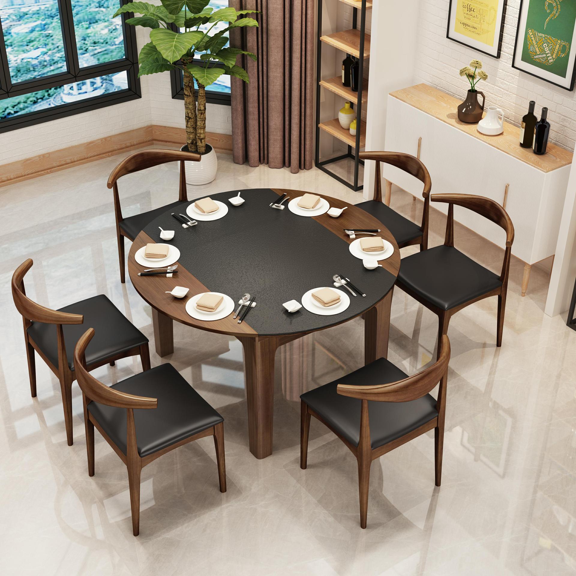 火烧石餐桌椅组合可折叠圆餐桌饭桌现代简约北欧大小户型实木餐桌