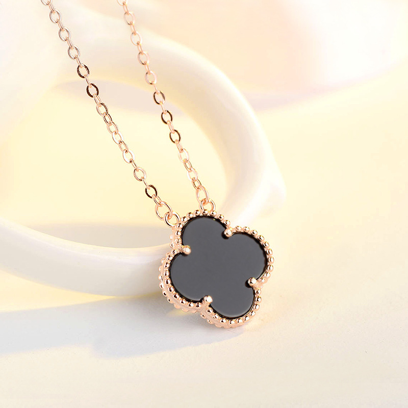 韩版双面黑玛瑙玫瑰金四叶草项链s925纯银镀18k金幸运锁骨链礼物