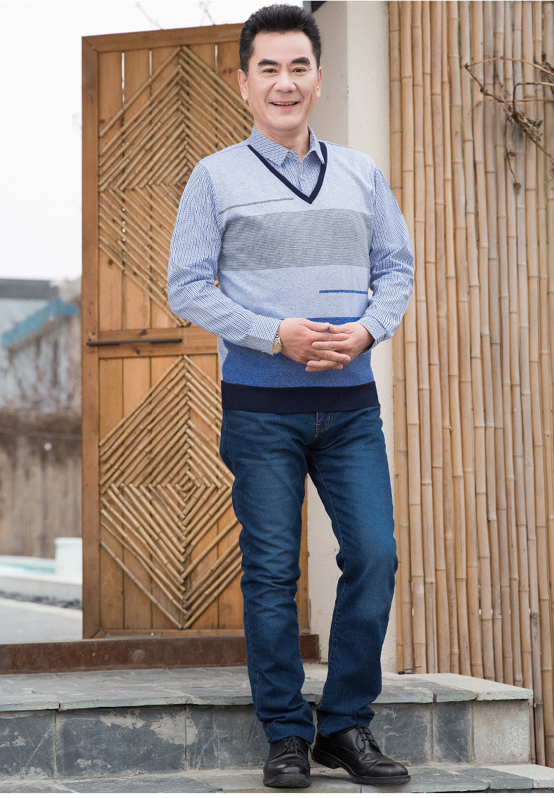 2018新款中老年人男装假两件春装打底衫中年男士长袖t恤爸爸装