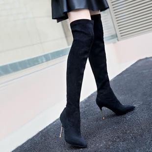 2018秋冬新款欧美性感尖头绒面细跟高跟鞋过膝长靴子瘦瘦弹力靴女