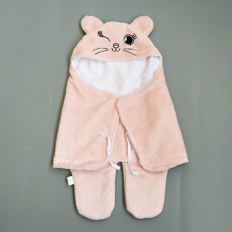 秋冬婴儿法兰绒小襁褓小抱被防寒保暖卡通刺绣带帽子可定制礼品