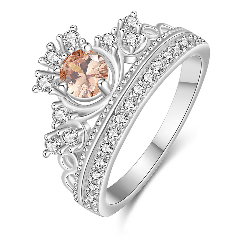欧美皇冠形状镶圆形香槟色水晶锆石戒指 镀白金色时尚指环