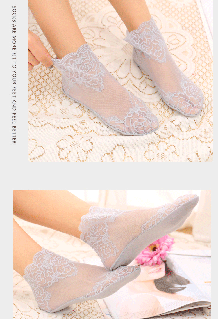 2020新款百搭全棉底蕾丝花边短袜 网袜不掉跟防滑中筒船袜隐形袜
