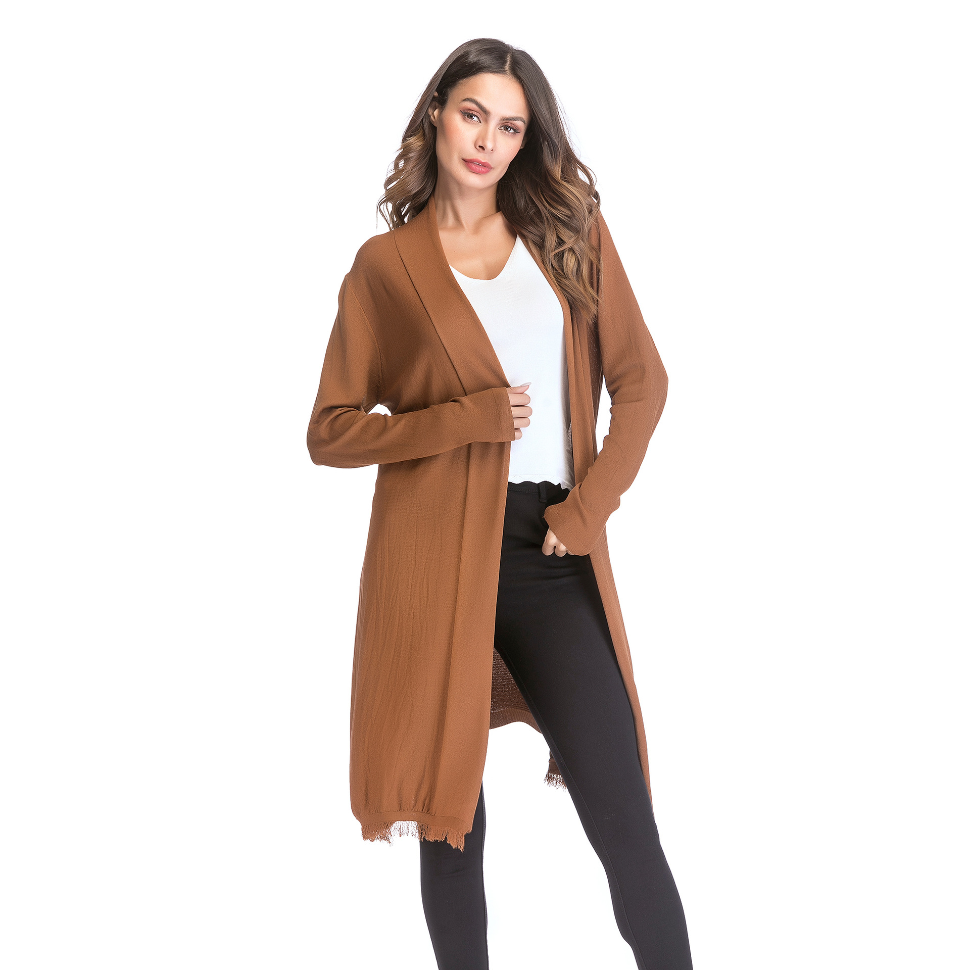 外贸女装新款欧美慵懒风薄款长袖针织衫时尚流苏纯色开衫披肩外套