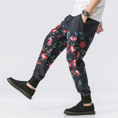 2018春季中国风裤子 民族风花裤亚麻长裤男宽松大码男裤