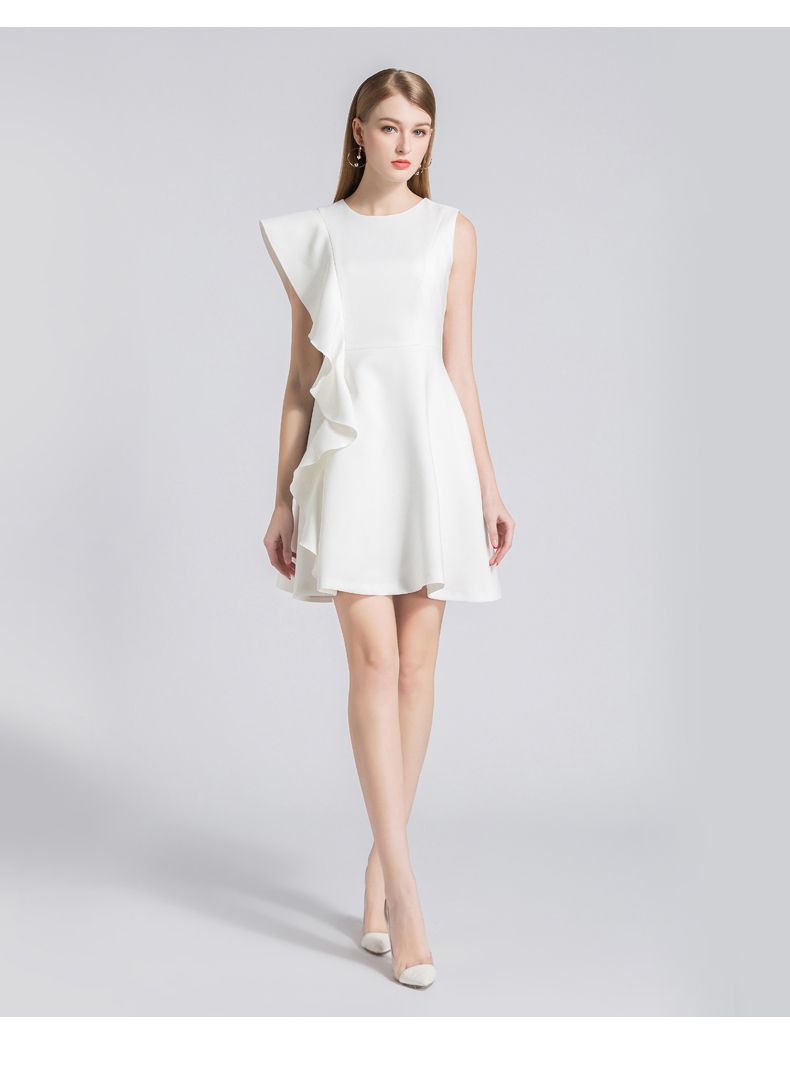 厂家现货批发无袖连衣裙春夏新款欧美女装白色收腰x型荷叶边裙子