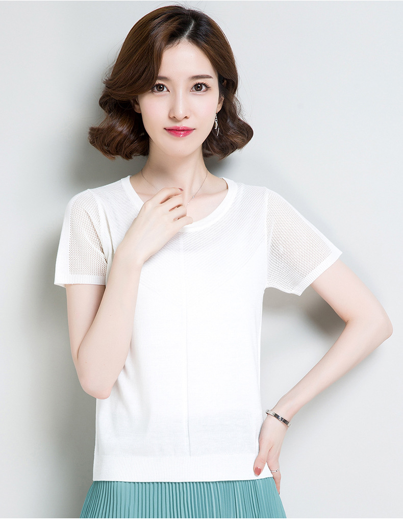 2018夏季新款女装韩版冰丝短袖t恤短款百搭镂空针织打底衫t恤上衣