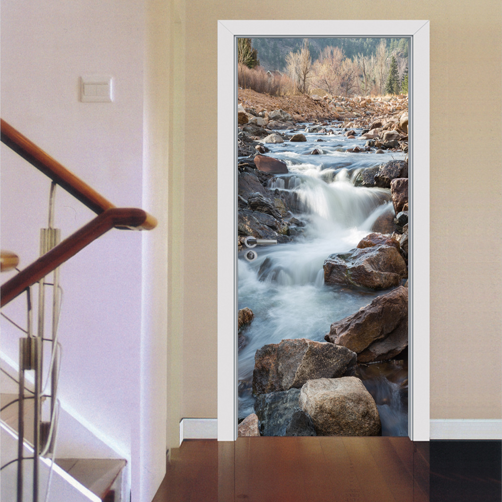 巨创跨境货源pvc贴纸3d个性自粘门贴 现代墙面装饰小溪流水瀑布