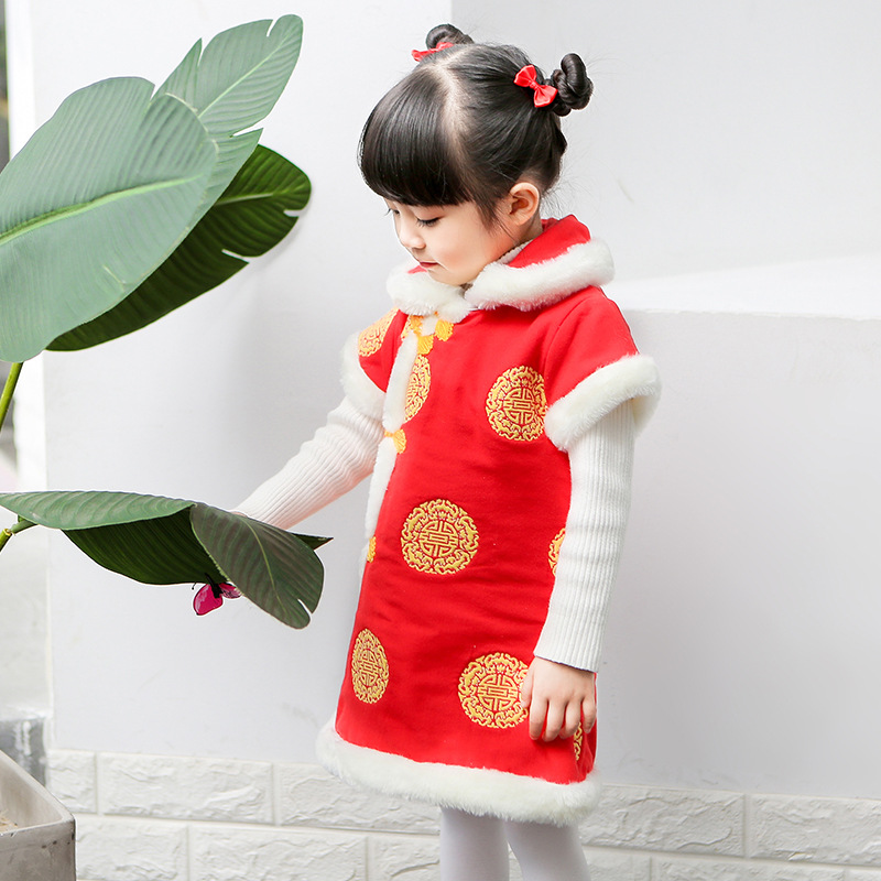 八层纯棉纱布唐装儿童旗袍中国红马甲新年拜年服红色过年套装