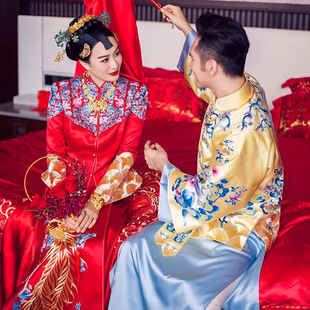 2018明星同款秀禾服中式嫁衣结婚礼服新郎敬酒服龙凤褂复古唐装男