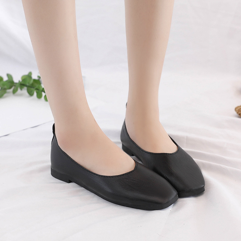 2023 Spring and Autumn Korean Style Comfortable Surface Soft Bottom Granny Shoes Transparent Casual Stitching Square Toe Low-Cut Flat Bottom Pumps Women