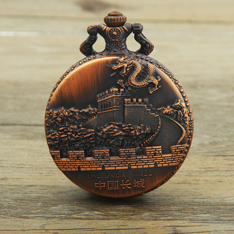 复古创意怀表 红色复古中国长城创意表飞石英表创意挂表怀表