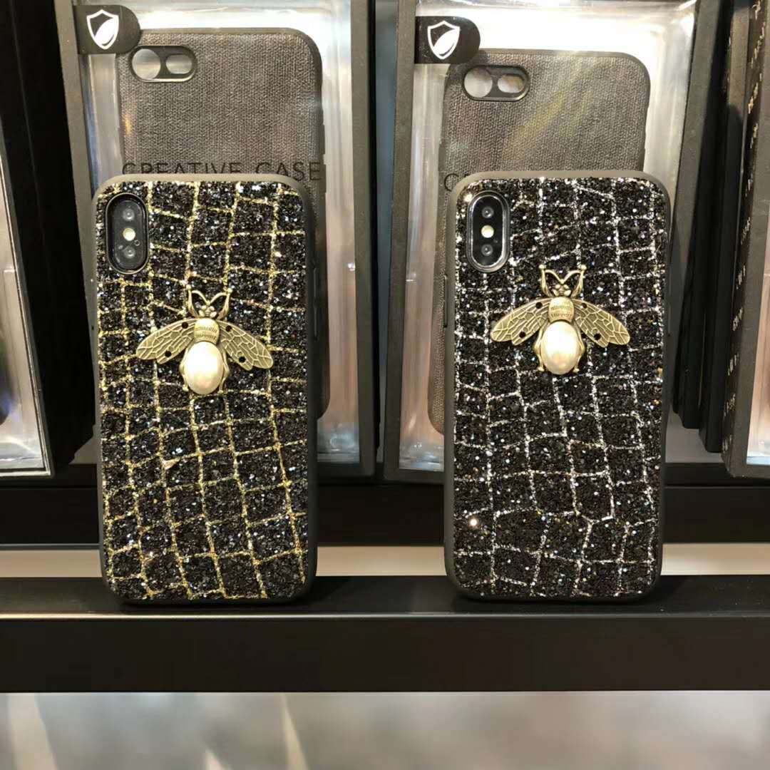 奢华闪粉贴钻iphone6s保护套网格纹蜜蜂iphonex个性时尚手机壳