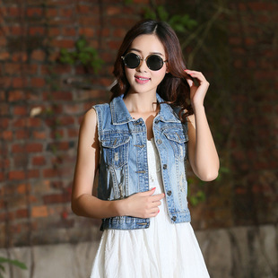 【清仓处理】新款修身破洞牛仔外套女短款无袖牛仔马甲小马褂女