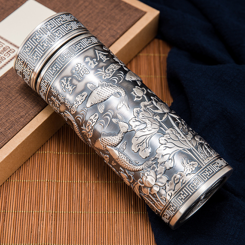 帝鼎缘 足银999九龙杯浮雕银水杯纯银保健杯雪花银礼品杯纯银杯子