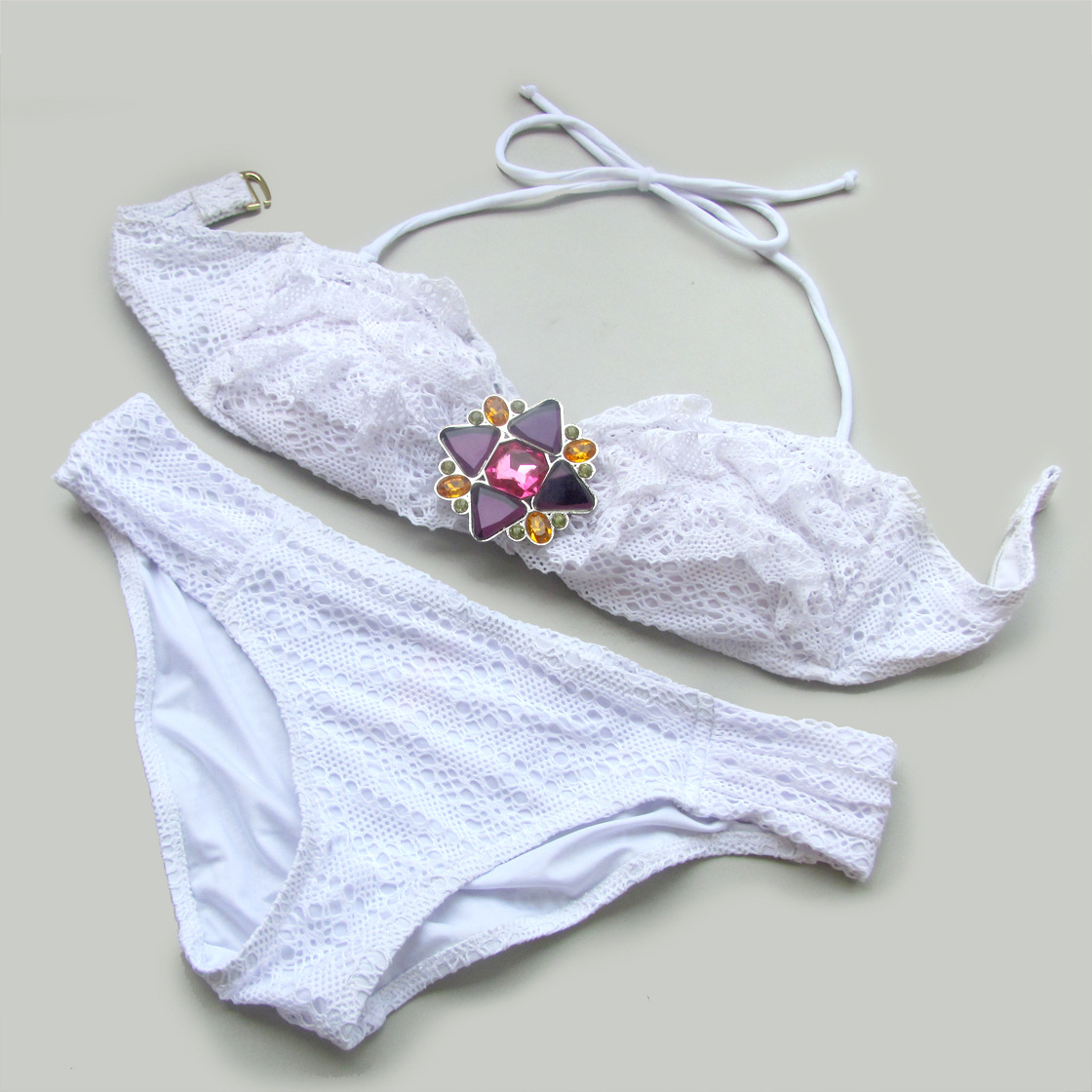 速卖通欧美泳装高档蕾丝白色比基尼性感水晶钻饰泳衣