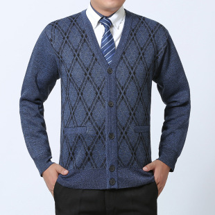 春秋款男士v领长袖针织开衫男装 中老年毛衣休闲打底衫外套男装