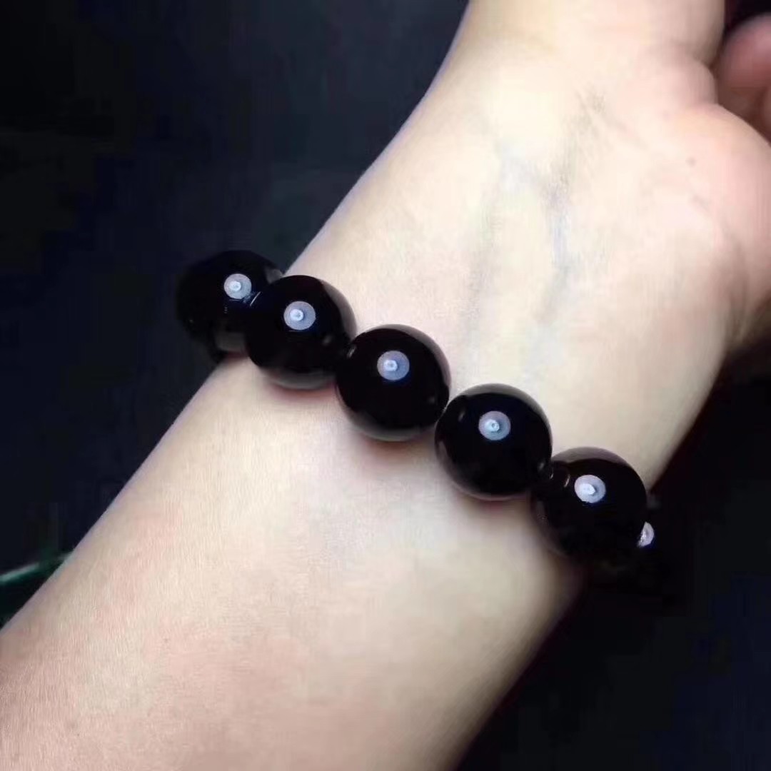 天然纯黑全黑曜石手链8-10-12-14-16 18避邪招财
