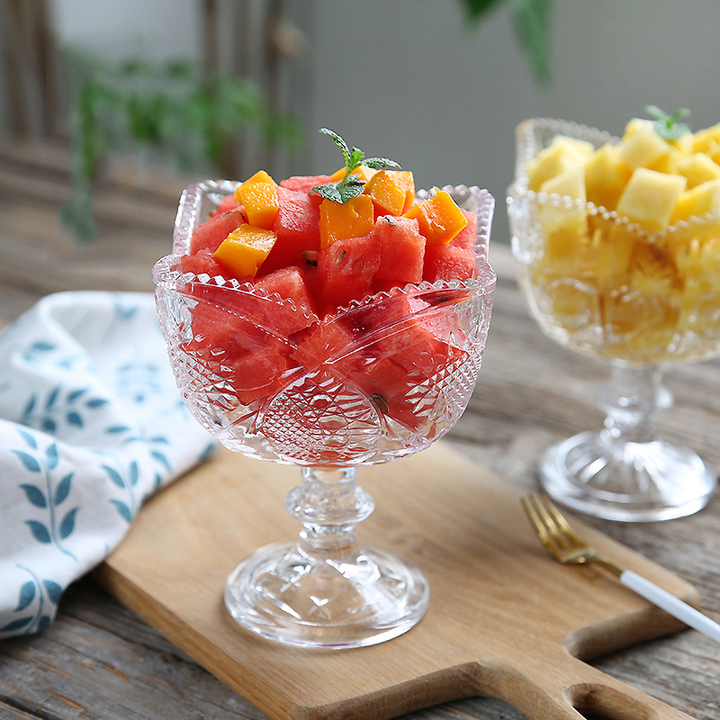 夏季透明冰激凌玻璃杯高脚奶昔杯雪糕水果沙拉杯甜品碗彩盒装