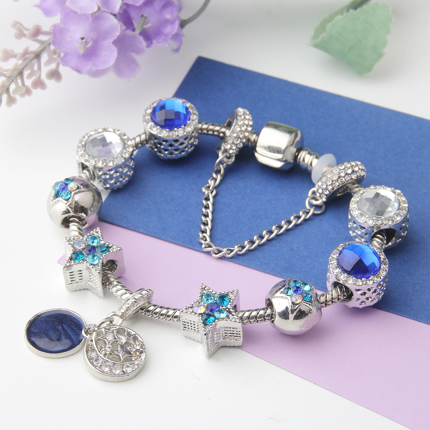 热卖民族风蓝色星空合金串珠手链 欧美流行星星手链厂家现货批发