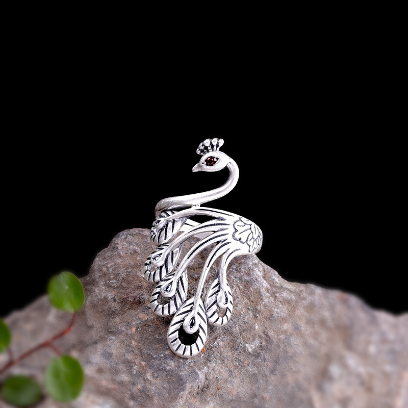 人品银品足银饰品哑光精工工艺泰银开口女士孔雀戒指修长玉指跨境