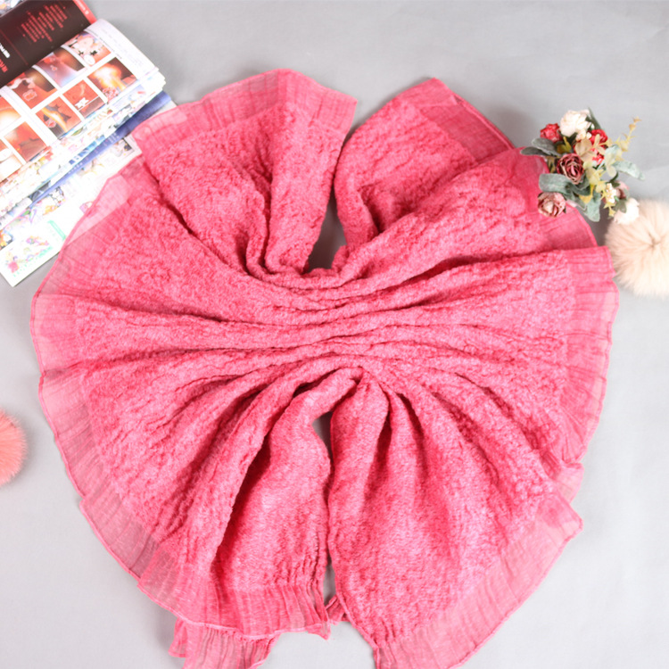 2020年春秋新款花边邹巾纯色荷叶边丝巾长款围巾空调披肩厂家直销