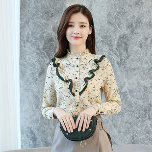 2018早春新款文艺雪纺衫女装上衣长袖立领衬衫碎花小衫