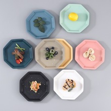 六边形陶瓷盘子家用沙拉盘异形创意浅盘亚光北欧风格多边纯色平盘