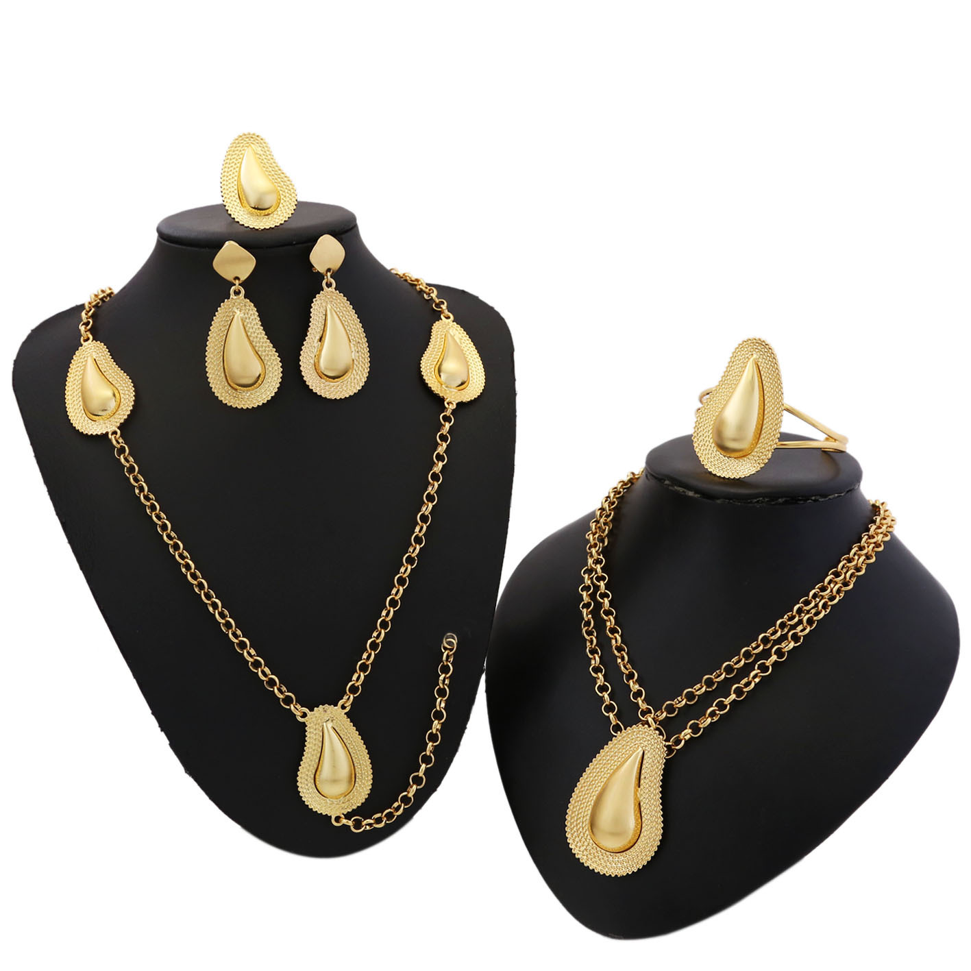 欧美电镀铜合金24k珠宝镶钻首饰项链手链额饰耳环戒指五件套