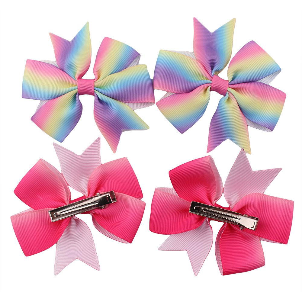 儿童宝宝发夹 亚马逊热卖货源 渐变色彩虹织带蝴蝶结公主头饰40个