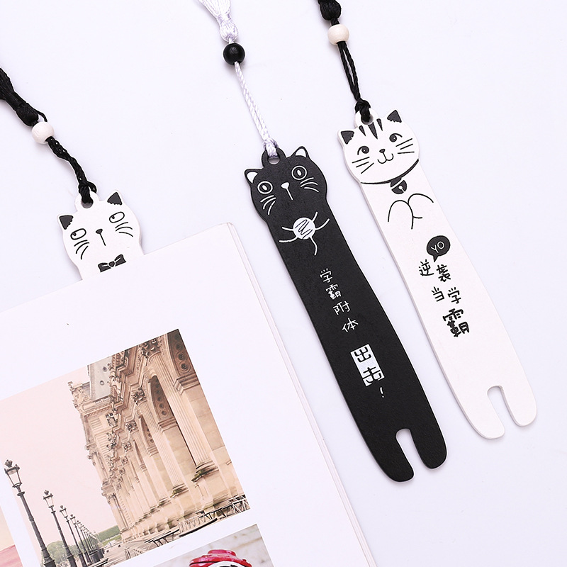 可爱卡通木制猫咪书签创意流苏表情书签翻书文具小学生个性书页夹