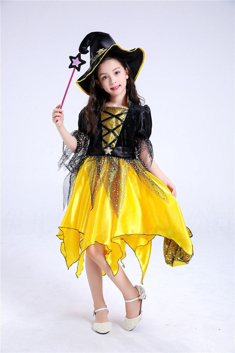 儿童万圣节服装cosplay南瓜女巫黑猫斗蓬牛魔王桔色金色小精灵表