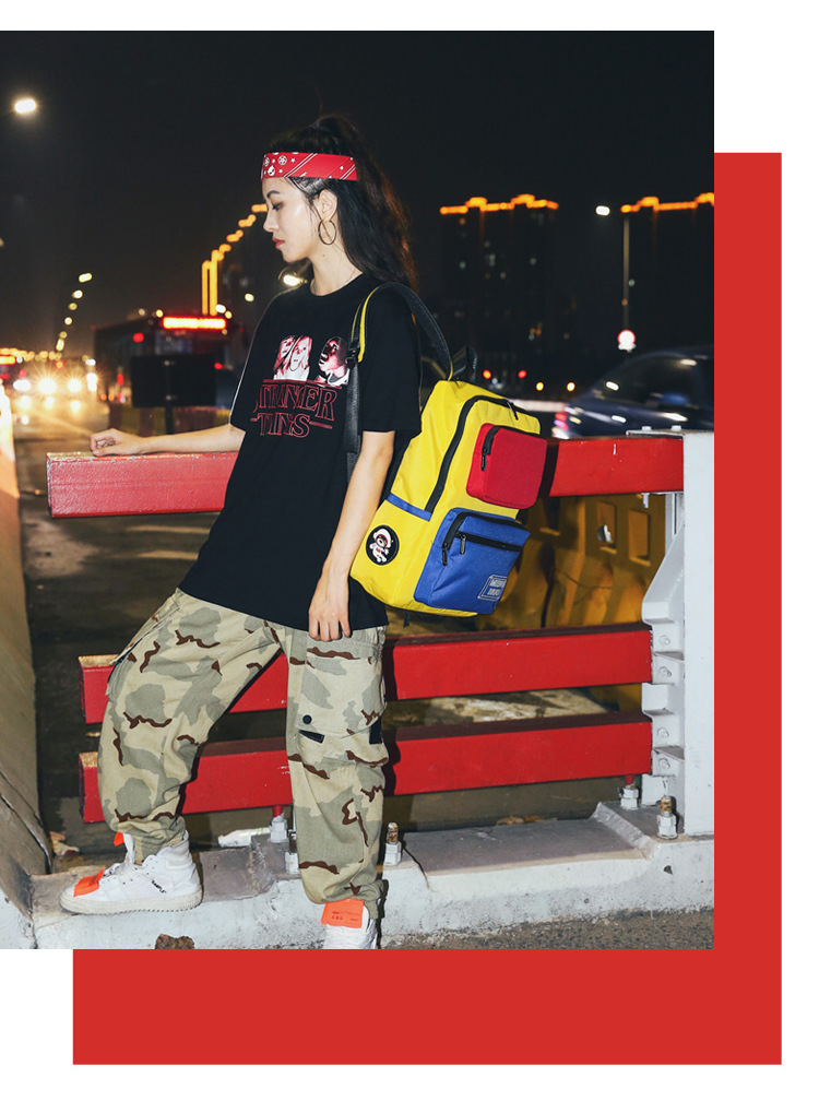 d-598menghuo新款港风多兜大容量撞色双肩包学生旅行时尚背包