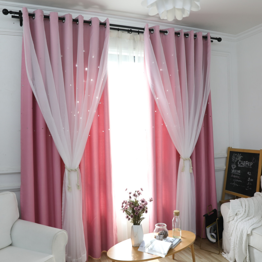 双层遮光镂空星星窗帘粉色公主风卧室窗帘成品韩式蕾丝窗帘