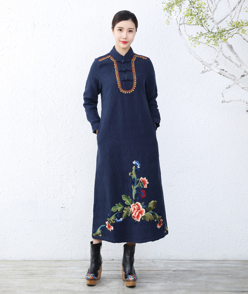 18秋冬新款中国风女装提花棉绣花长袍改良旗袍秋冬新款民族风女装