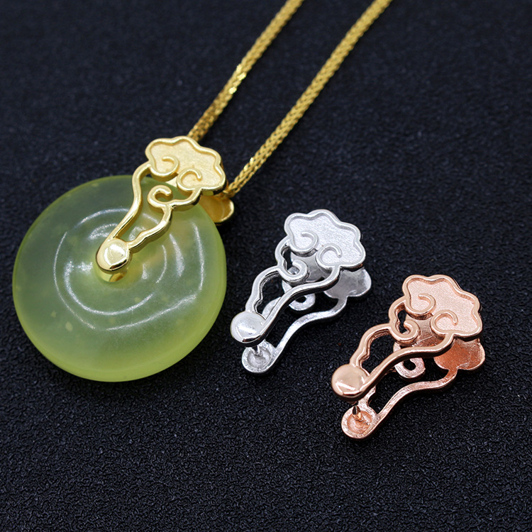 s925纯银祥云吊坠夹扣diy手工配件翡翠水晶玉扣银扣白云平安扣头