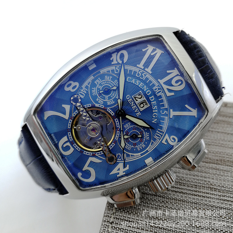 caseno跨境外贸平台微商爆款桶形大日历陀飞轮自动机械男士手表