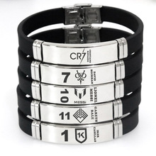 热销足球俱乐部运动硅胶手环 不锈钢梅西C罗可调节手链
